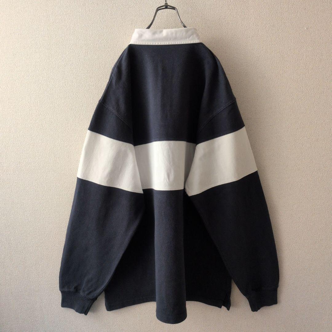 90s ポロバイラルフローレン 刺繍センターロゴ ラガーシャツ XL 紺×白