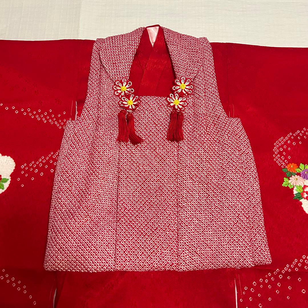 七五三 3歳 フルセット 総絞り 着物 正絹 被布 刺繍 三歳 赤 草履 753