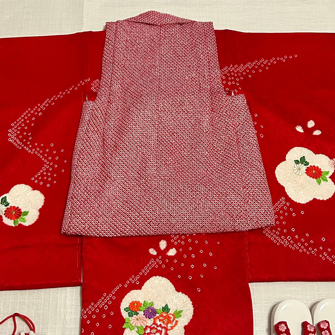 七五三 3歳 フルセット 総絞り 着物 正絹 被布 刺繍 三歳 赤 草履 753