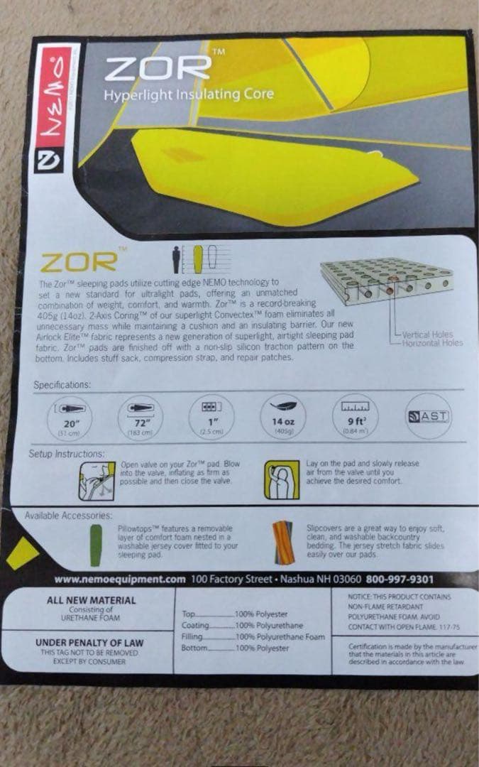 Nemo Zor スリ―ピングマット イエロー/グレー