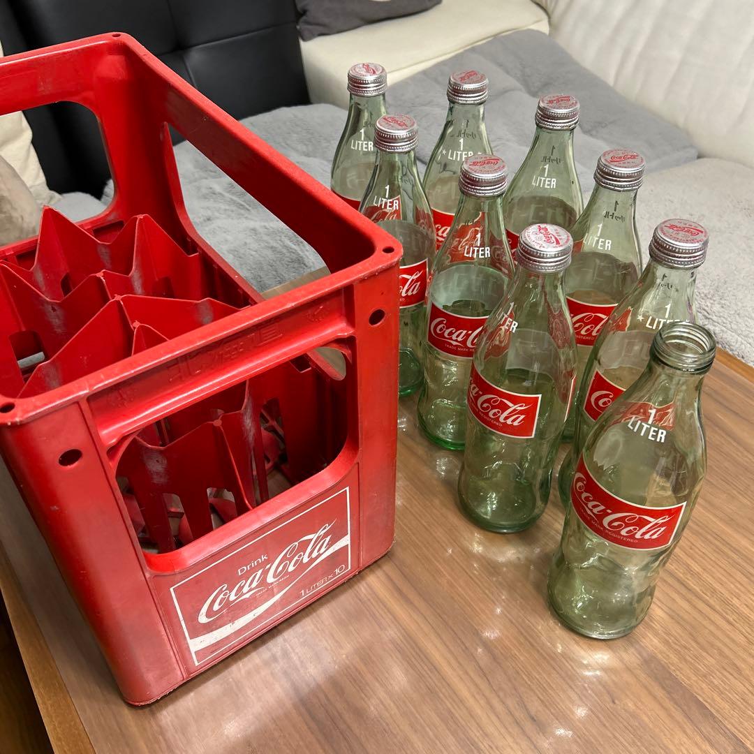 お値下げしました。レトロ　 コカ.コーラ1リットル瓶9本&プラケース