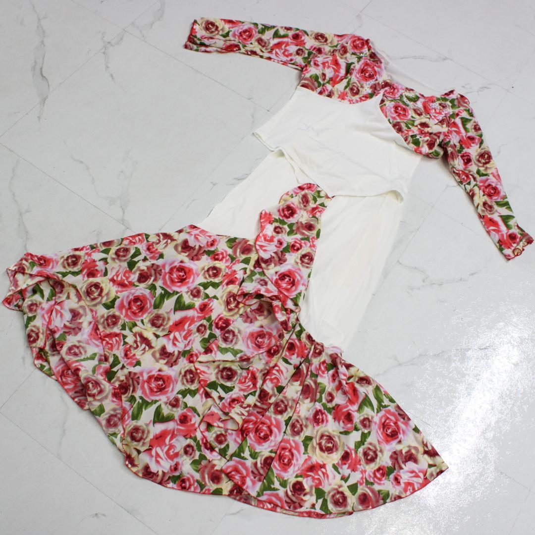 【美品 社交ダンス衣装】上下セット トップス スカート バラ 薔薇 赤 白 緑