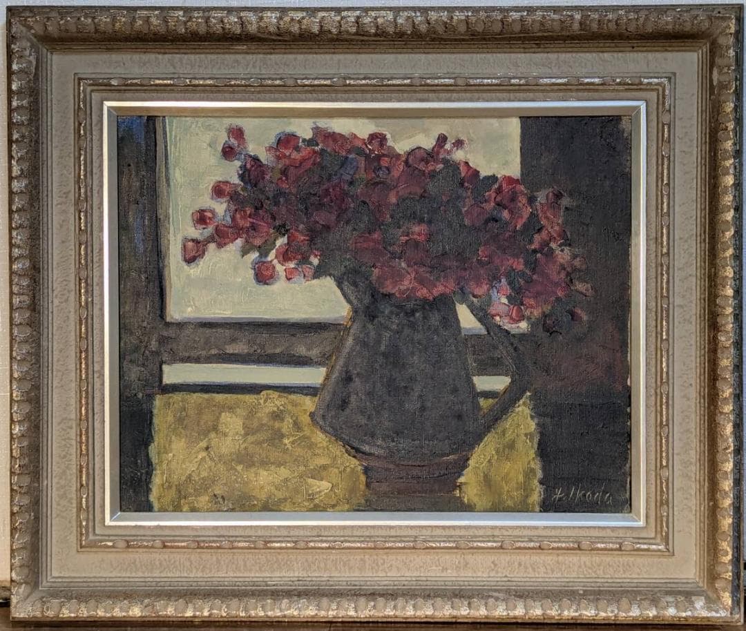 【真作】絵画　油彩6号　静物画　花瓶の花　窓辺の装飾画　フラワースタンド　Z92