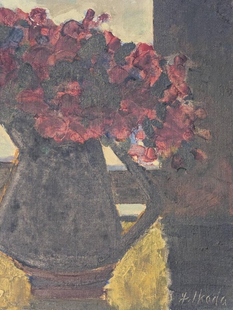 【真作】絵画　油彩6号　静物画　花瓶の花　窓辺の装飾画　フラワースタンド　Z92