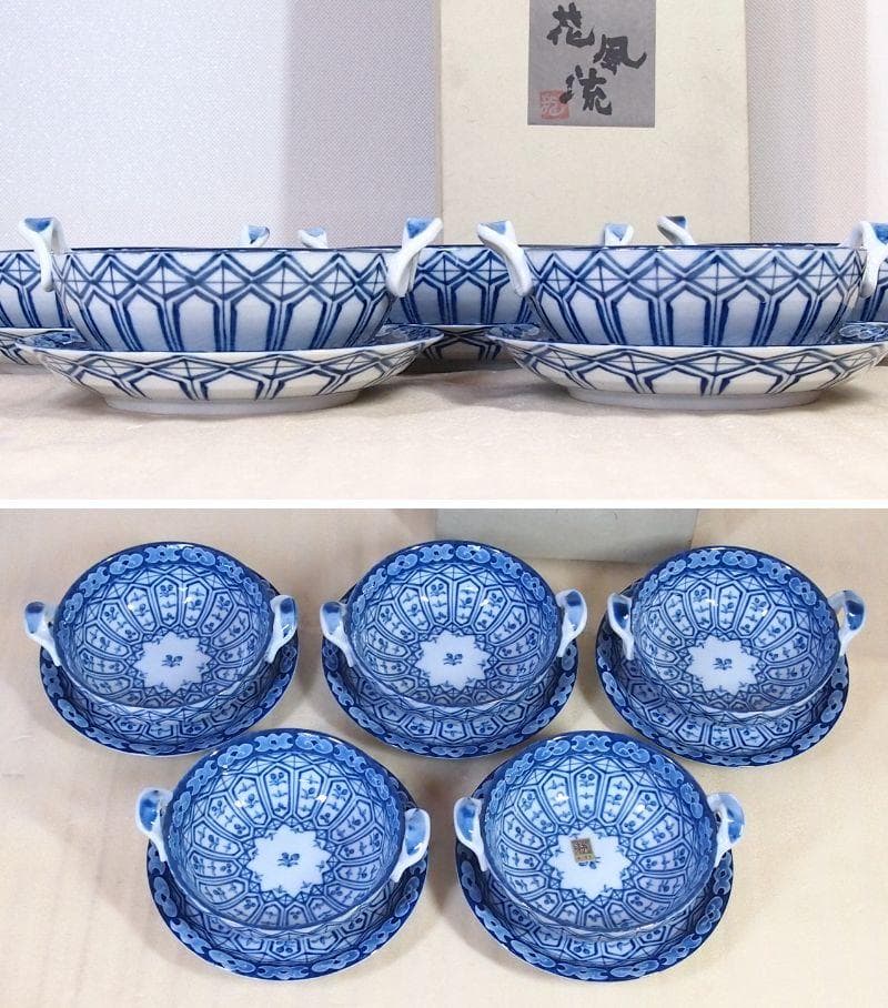 【未使用】三洋陶器 龍峰窯 花風流 染付小花紋 台皿付きスープカップ 5客 食器