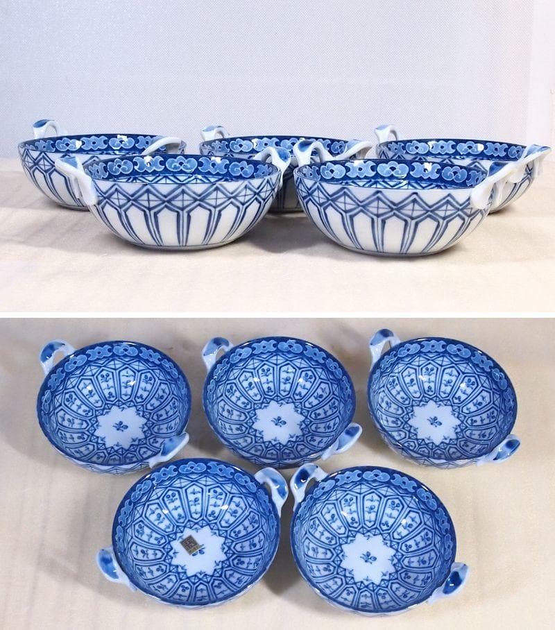【未使用】三洋陶器 龍峰窯 花風流 染付小花紋 台皿付きスープカップ 5客 食器