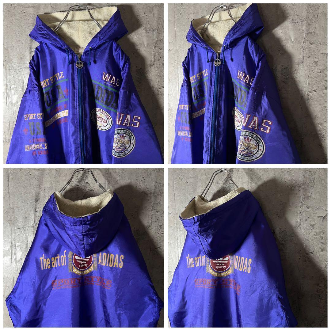 希少XL★90s アディダス ベンチコート デサント製 裏地ボア ビッグロゴ