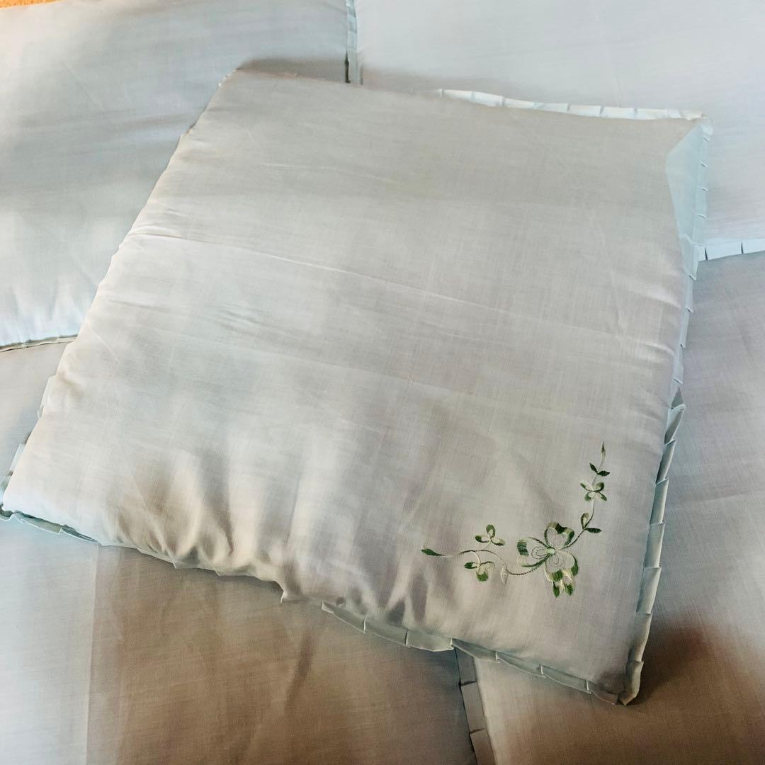 水色 花刺繍 座布団5枚セット ティファニーブルー