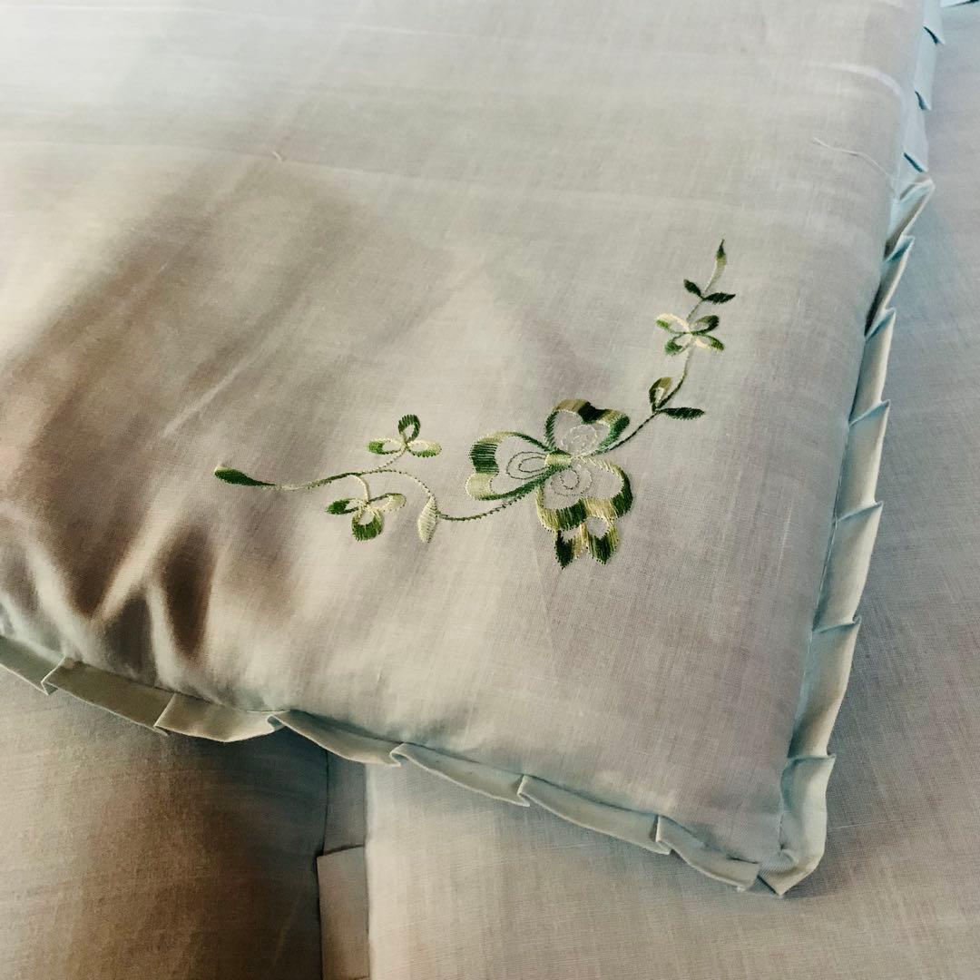 水色 花刺繍 座布団5枚セット ティファニーブルー