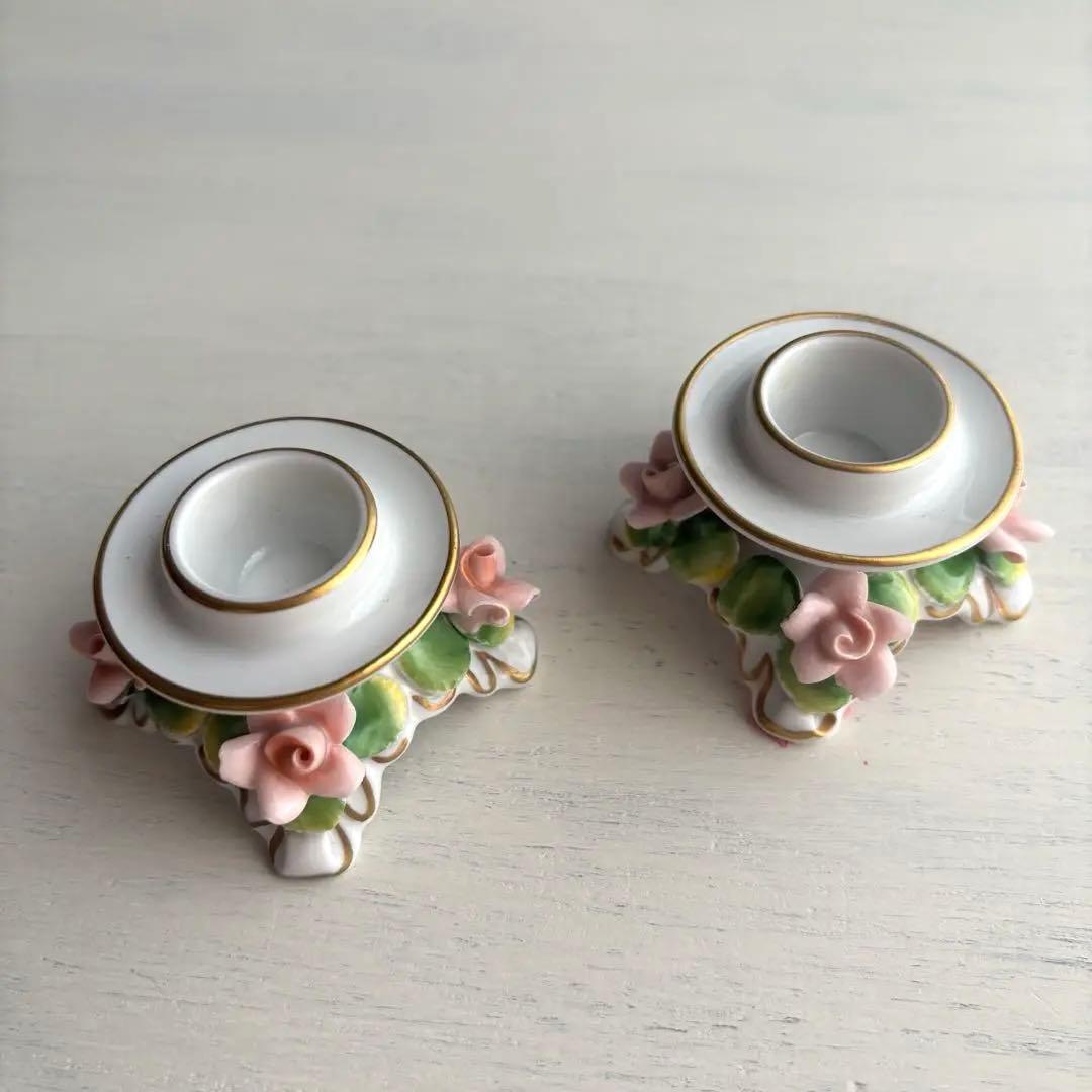 【美品】西ドイツ Dresden 陶磁器 バラ キャンドルスタンド ピンク 金彩