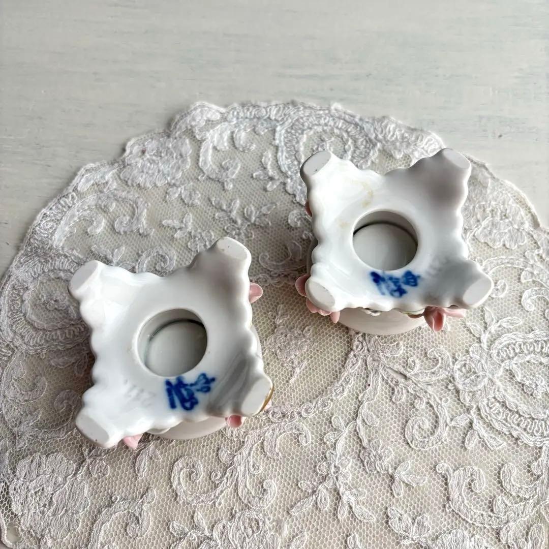 【美品】西ドイツ Dresden 陶磁器 バラ キャンドルスタンド ピンク 金彩