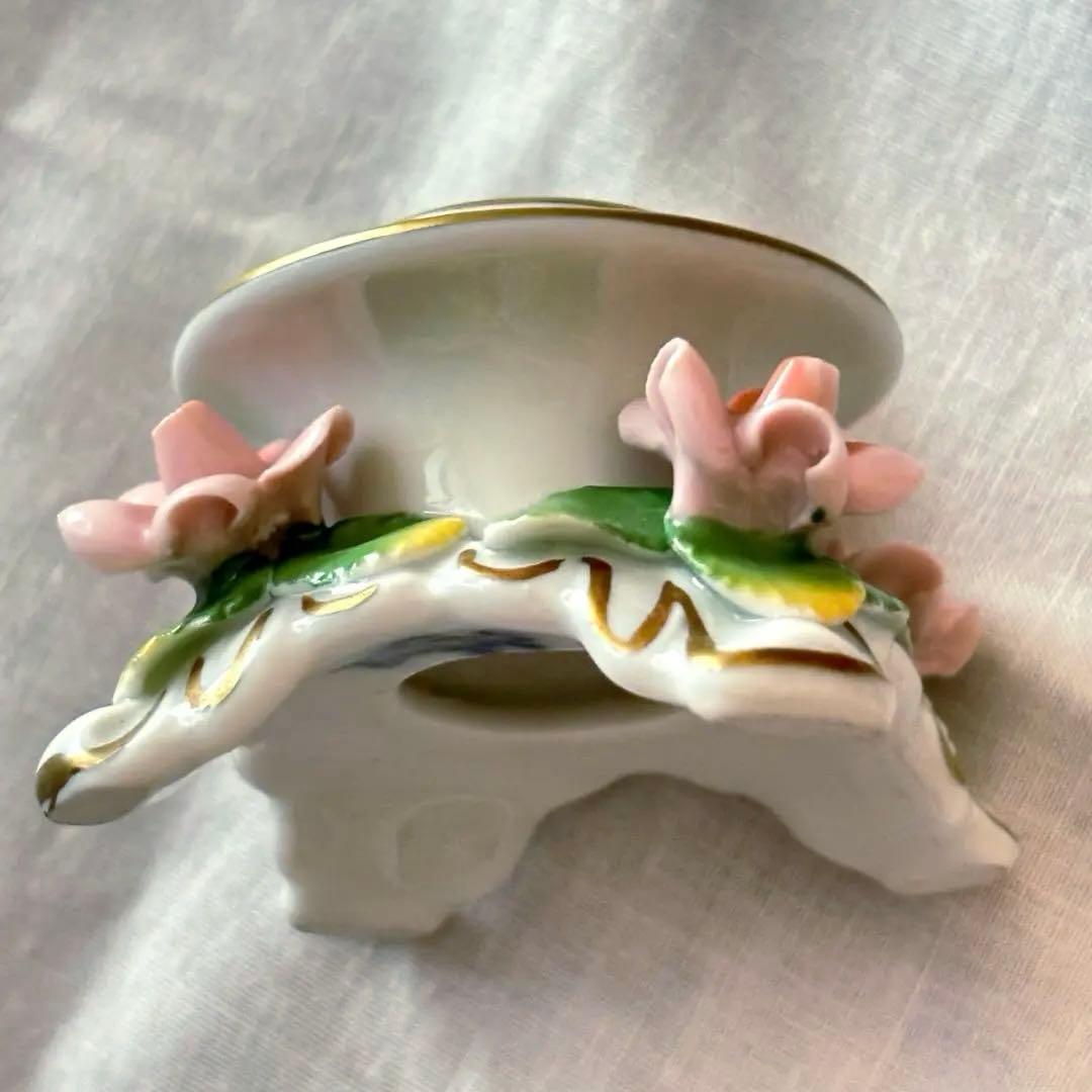 【美品】西ドイツ Dresden 陶磁器 バラ キャンドルスタンド ピンク 金彩