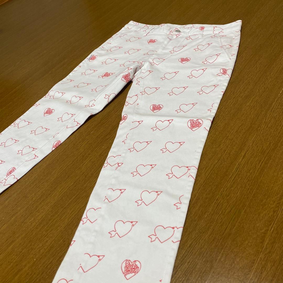 ジャックバニー　ゴルフ　パンツ　アンクル丈　白　赤　ハート総柄　メンズＬ　極美品