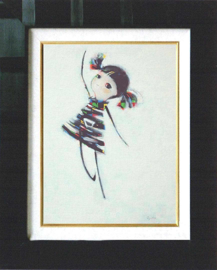 油絵 菅家令子 絵 絵画インテリア額付(青緑＋金色の枠)F4-080715女の子