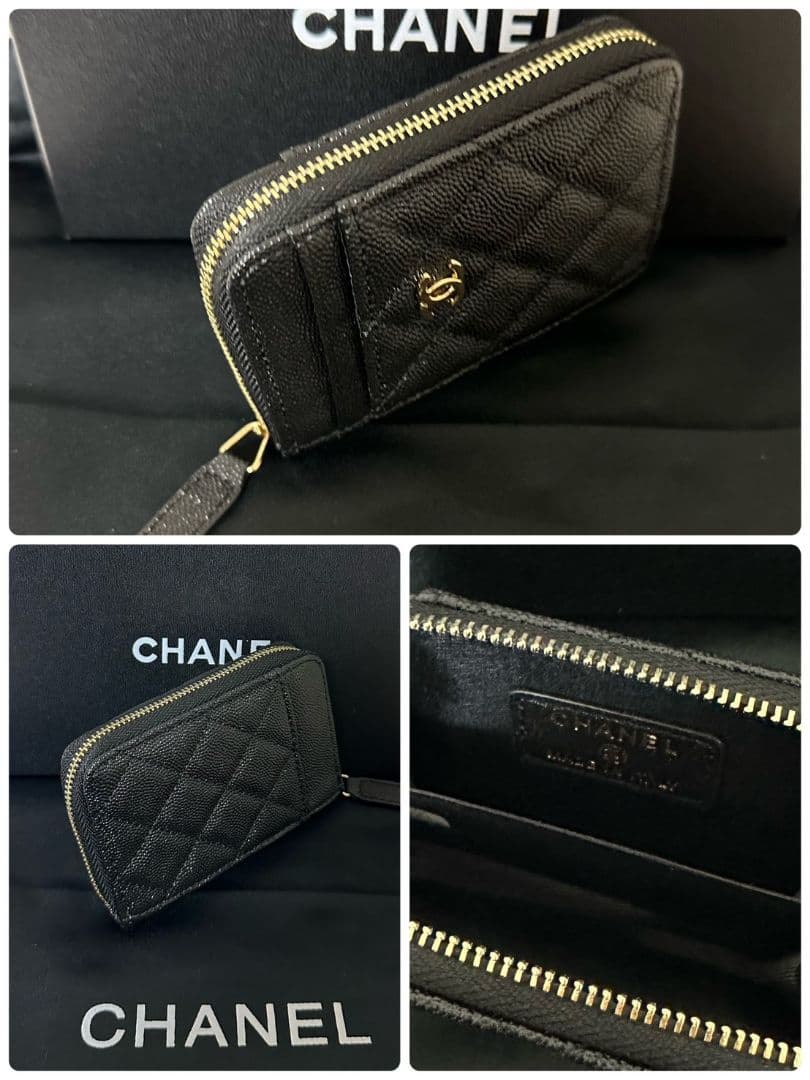 CHANEL キャビアスキンレザーフラグメントケースケースブラックゴールド