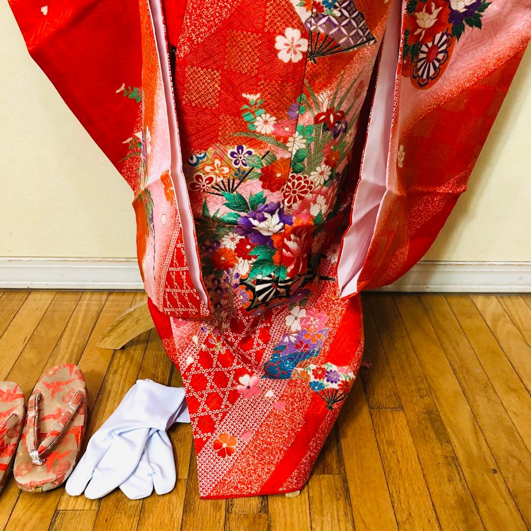 豪華7歳完全フルセット⭐︎人気赤地暈し絞り柄⭐︎花車金彩煌びやか逸品