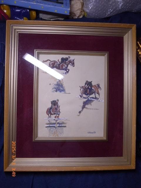 肉筆　フランスで著名な挿絵画家　ラモットの、乗馬のグアッシュ画です。緻密な絵です