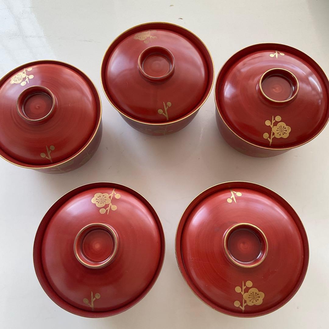 5客 橘吉 飯碗 梅 赤絵 金彩 雑煮椀 小鉢蓋つき煮物碗 丼鉢 食器