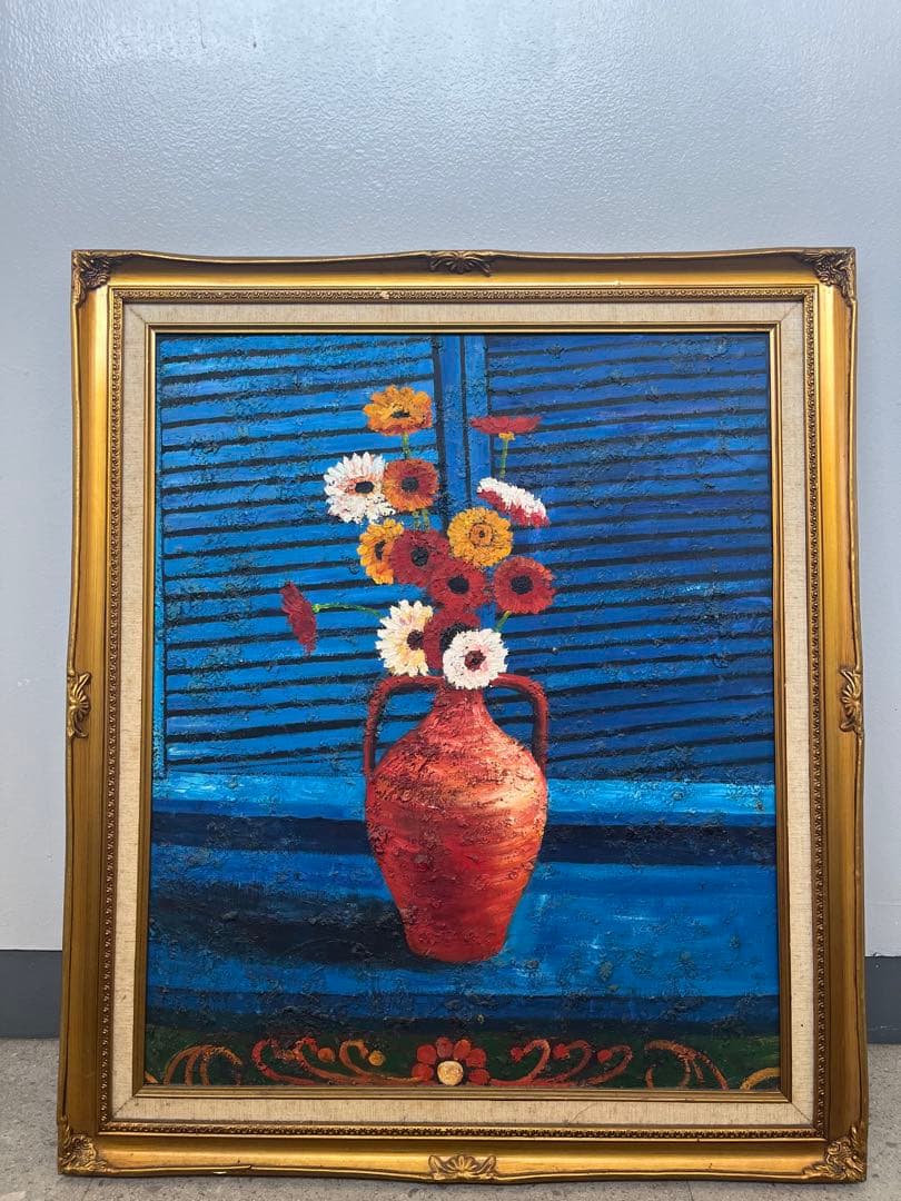 赤い花瓶と花の油彩画