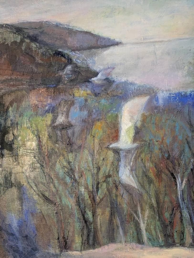 【真作】絵画　油彩10号　海辺に舞う白鴎　樹林と岬の幻想風景　Y103