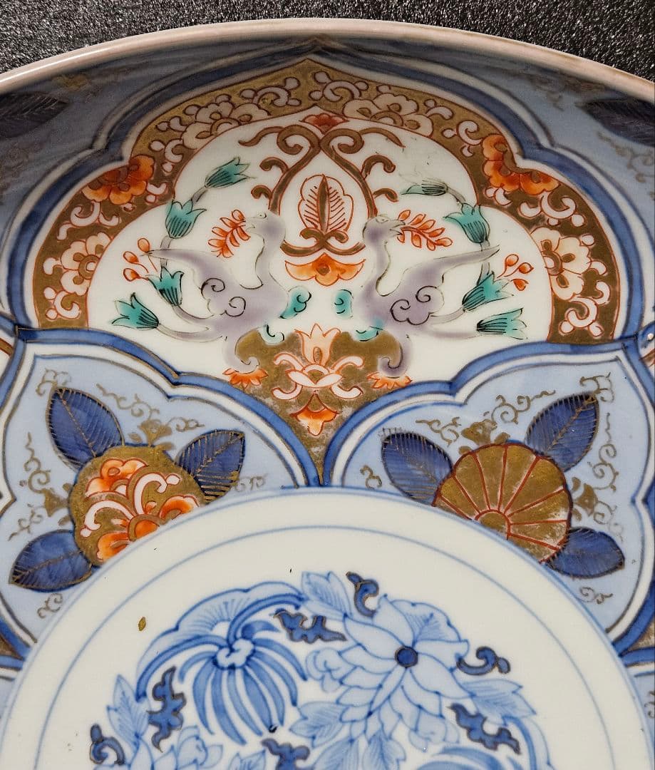 【古伊万里の上作品❗】江戸時代後期　瑠璃呉須　金彩色絵　麒麟に鳳凰に花の図　大皿