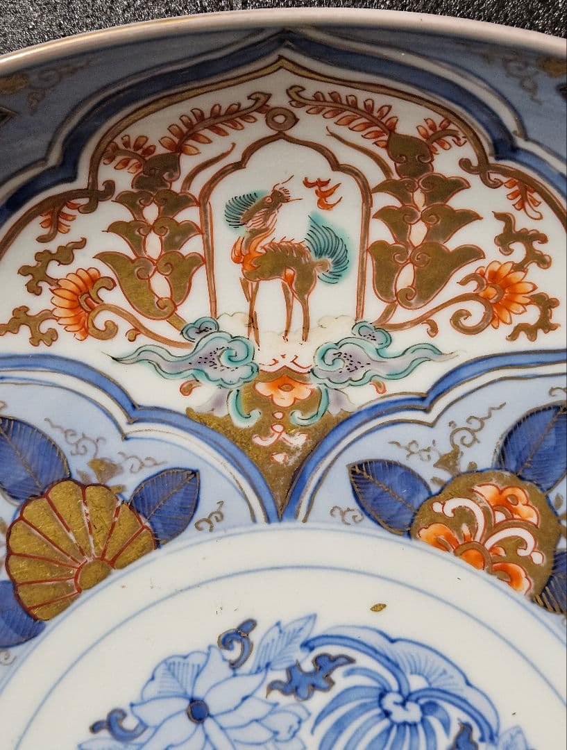 【古伊万里の上作品❗】江戸時代後期　瑠璃呉須　金彩色絵　麒麟に鳳凰に花の図　大皿