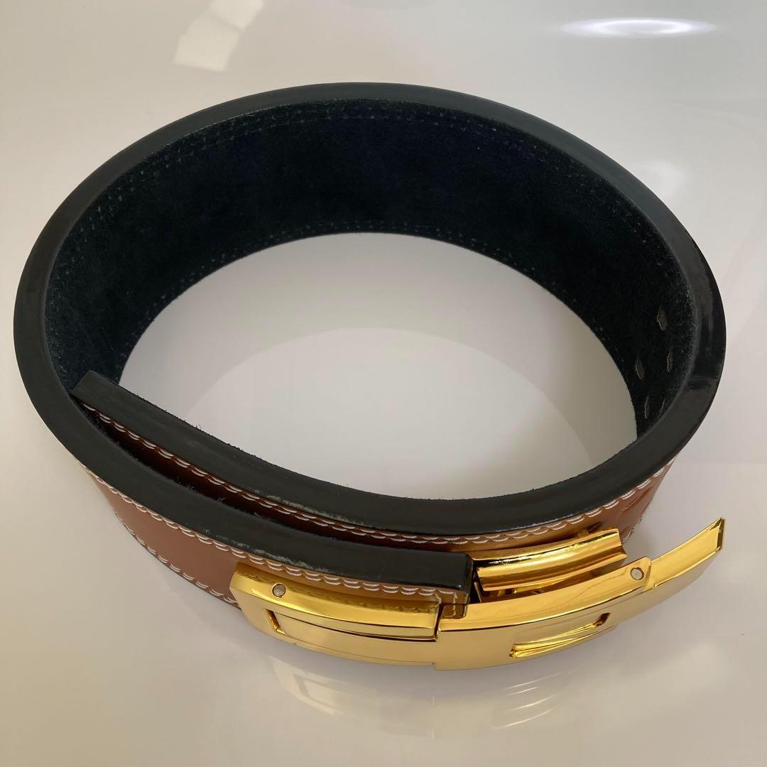 新品 パワーベルト レバーアクション ワンタッチ可変式 Ssize 茶×金 本革