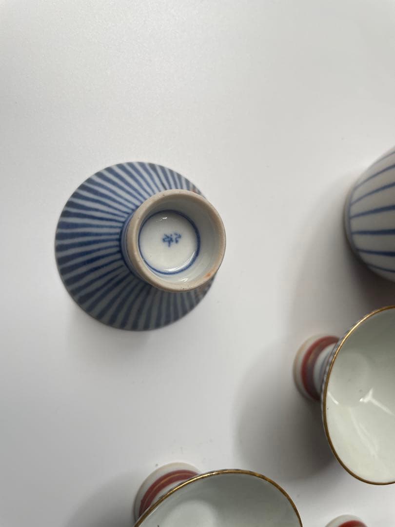 【美品・共箱付】九谷焼 酒器セット 徳利2本・猪口5客 扇面金彩 昭和レトロ