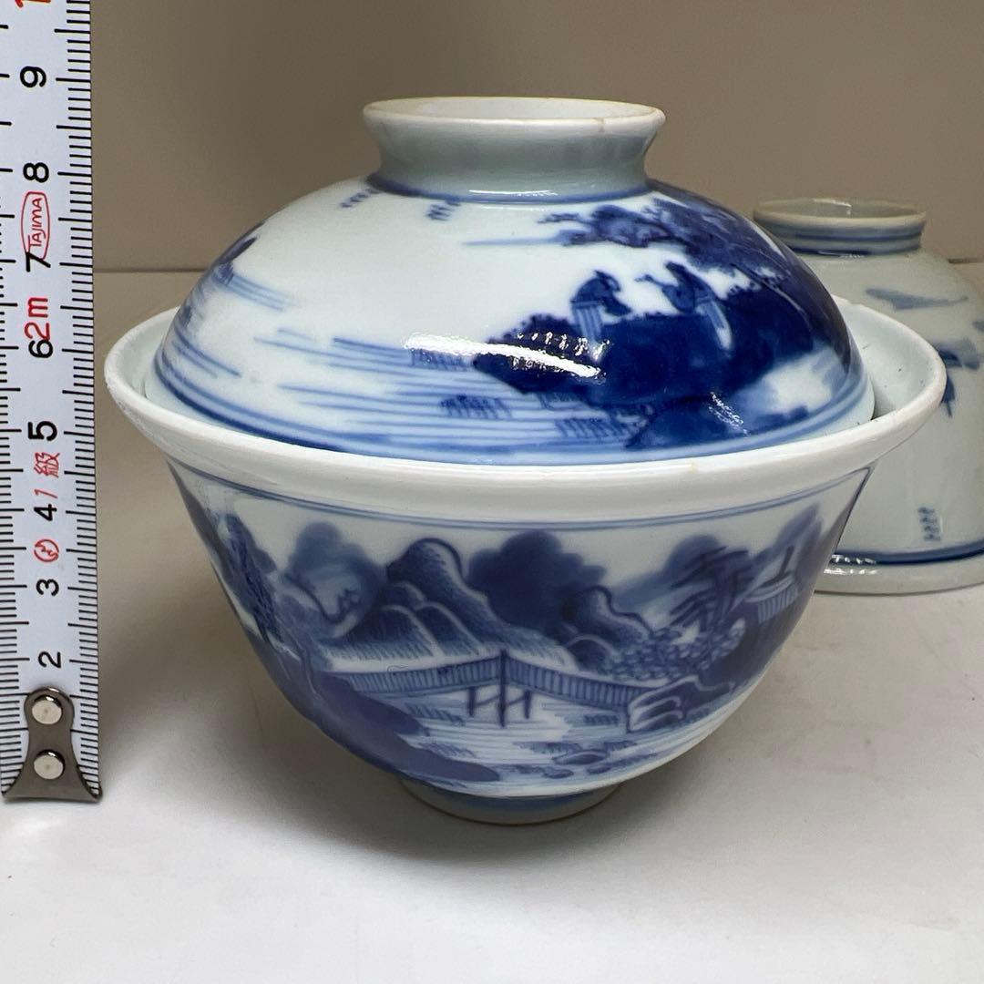 中国清時代　新渡青花蓋茶碗2客　身口径約9.5㎝　東Y8-0217☆2F