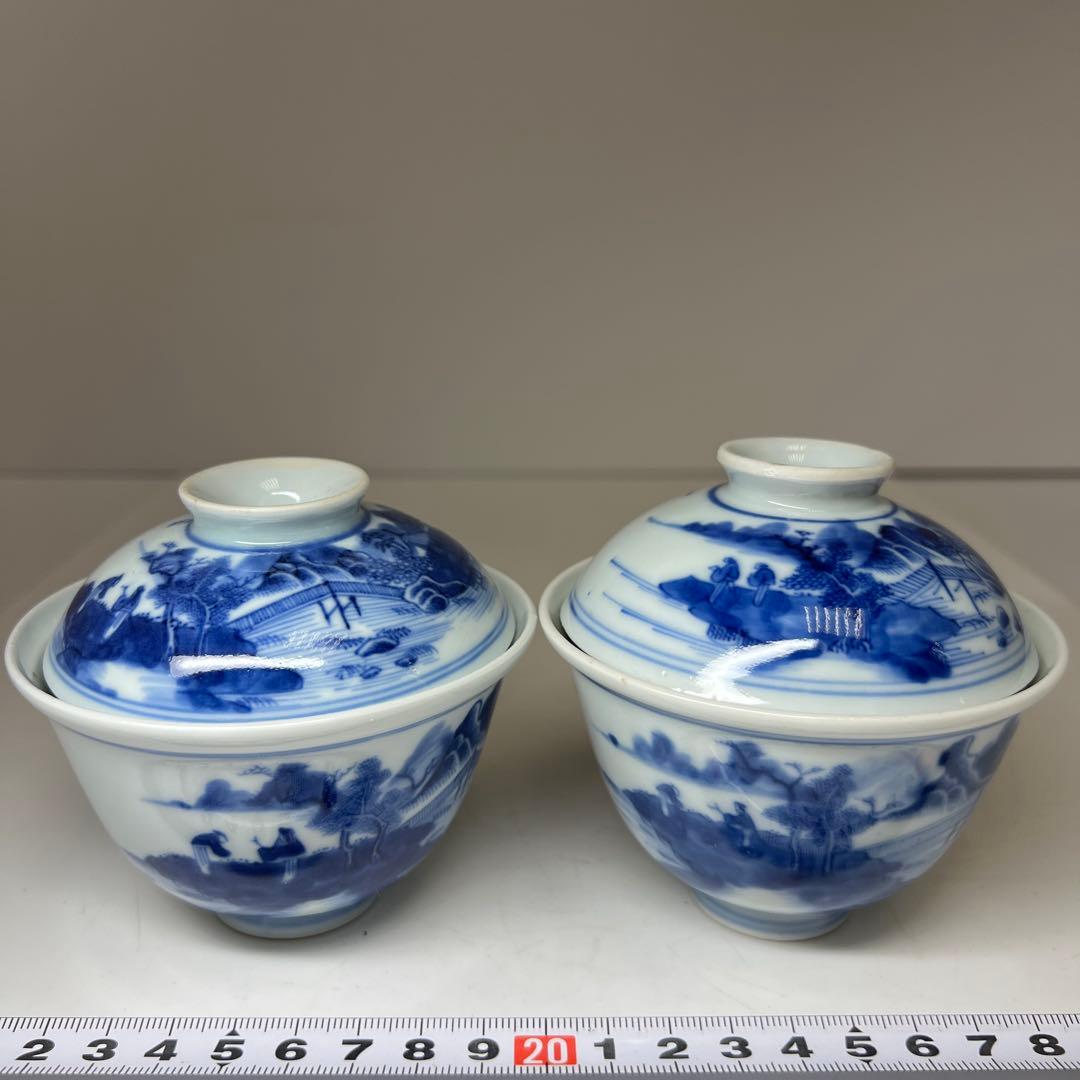 中国清時代　新渡青花蓋茶碗2客　身口径約9.5㎝　東Y8-0217☆2F