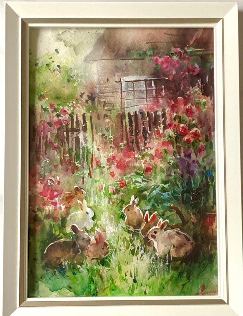 水彩画 原画 庭のうさぎ