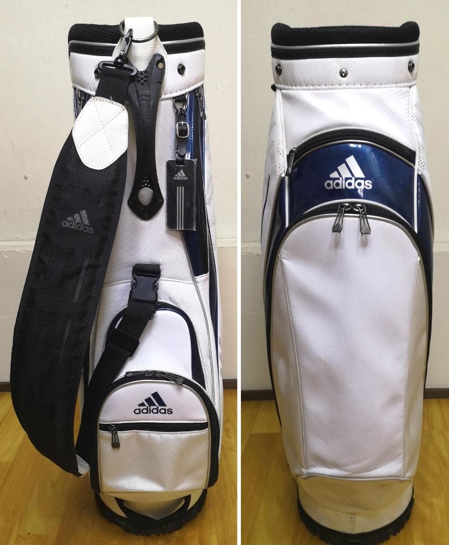 adidas アディダスの軽量カート型キャディバッグ（白x紺)