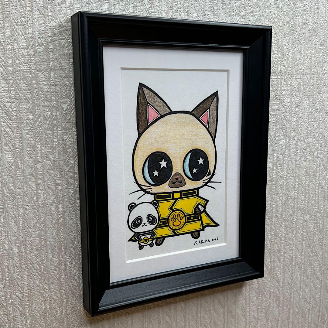 動物 原画 絵 手描き 癒し 猫 アート 一点物 額縁付『イエロー』