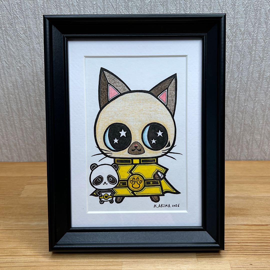 動物 原画 絵 手描き 癒し 猫 アート 一点物 額縁付『イエロー』