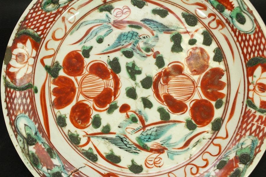 茶道具 唐物 呉須赤絵 鳳花紋 皿 φ25.5cm 中国美術(A928)