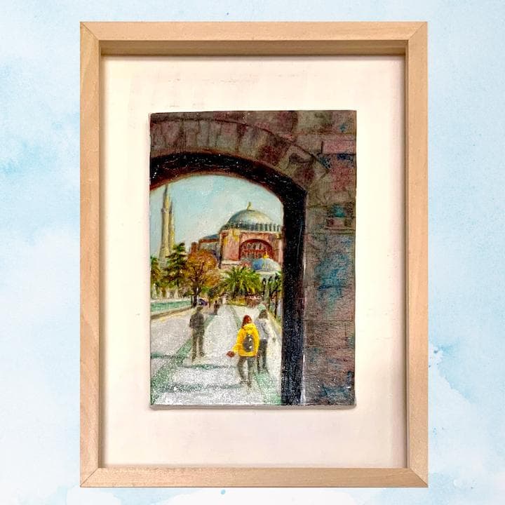風景画/街の風景「イスタンブール・アヤソフィア」油絵SM 木製フレーム付き