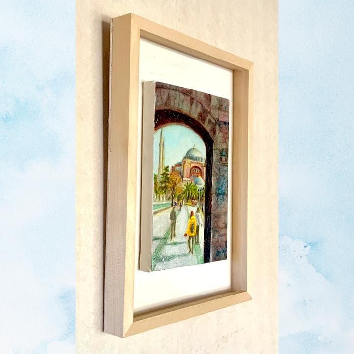 風景画/街の風景「イスタンブール・アヤソフィア」油絵SM 木製フレーム付き