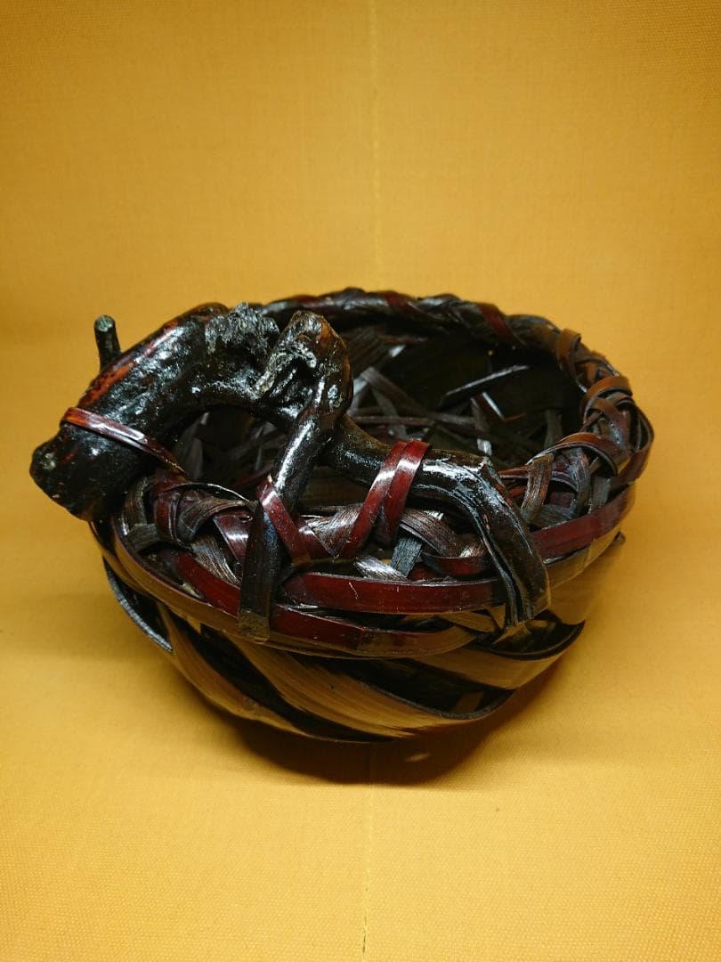 【美品】紫竹花籠　古竹細工　花器　置物　インテリア　工芸品　美術品　A1018
