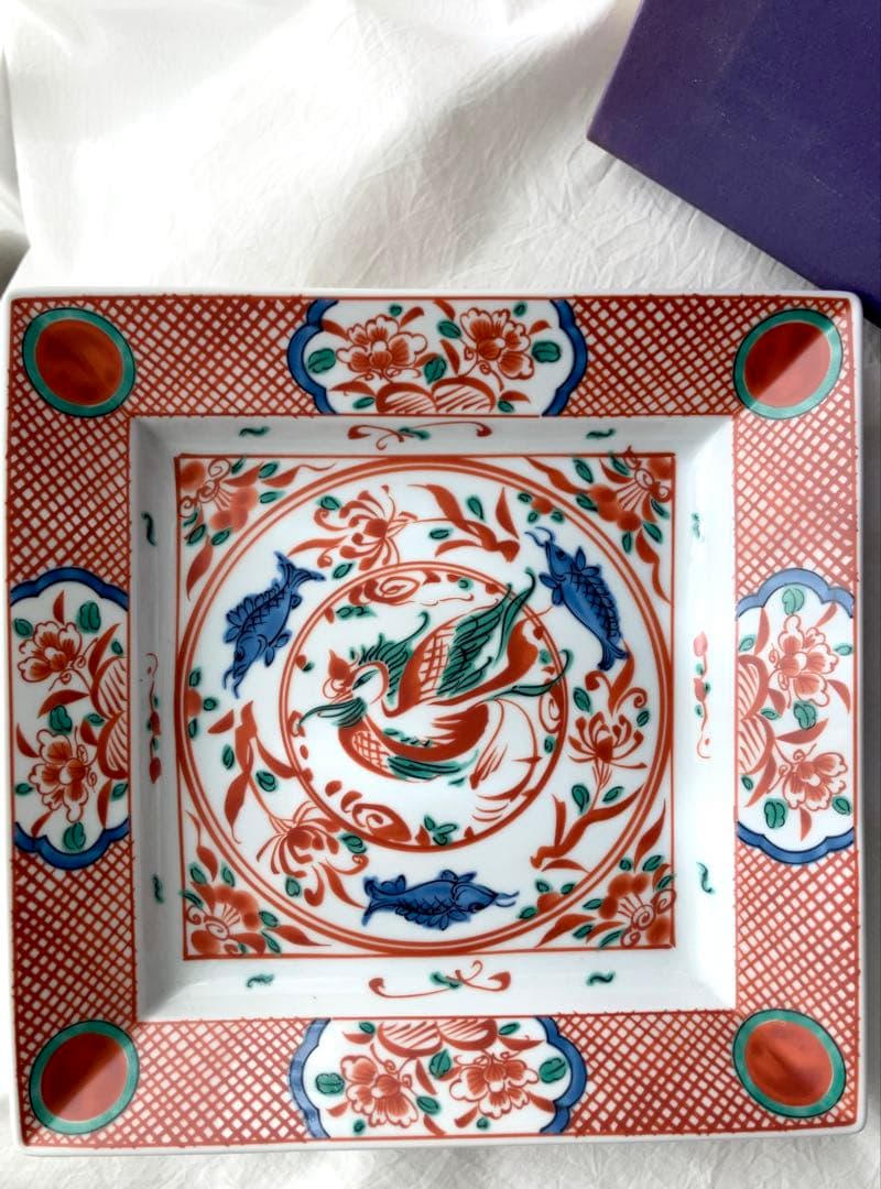 新品未使用＊たち吉 赤絵花鳥 赤玉魚藻紋 大皿／和食器 角皿 レトロ 箱付き