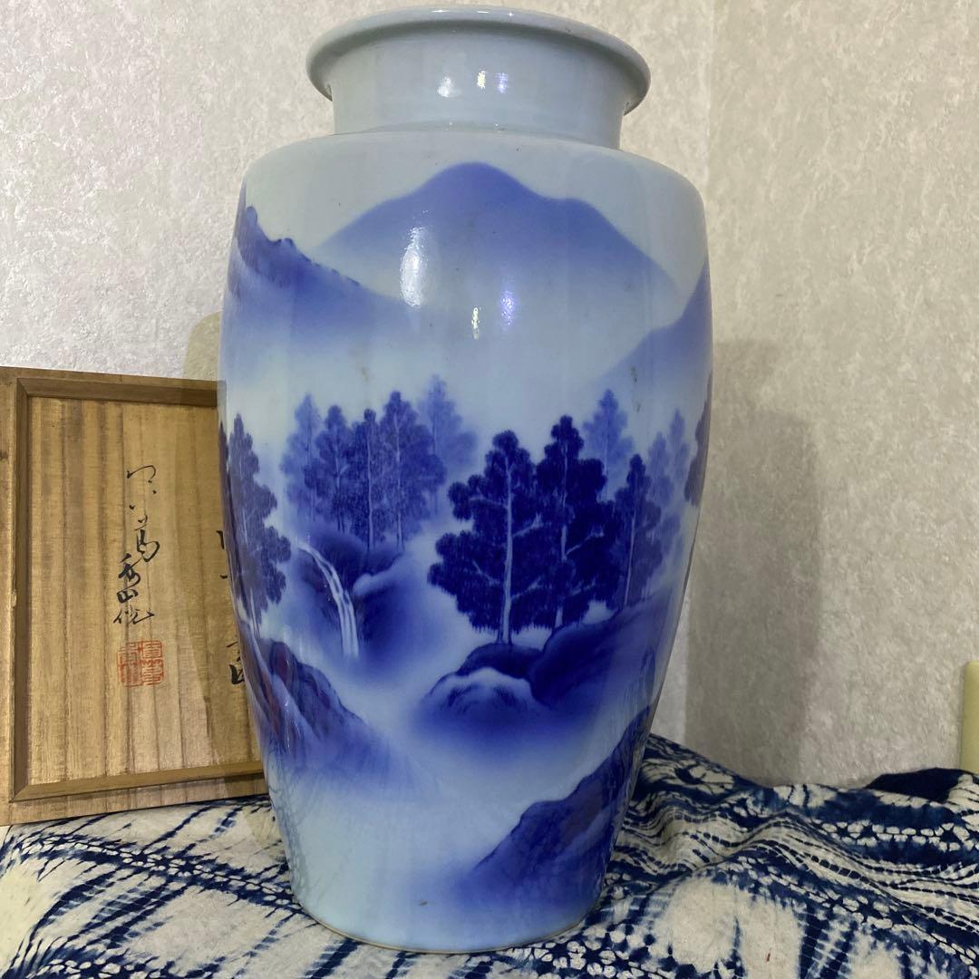 真葛香山　染付　山水滝花瓶