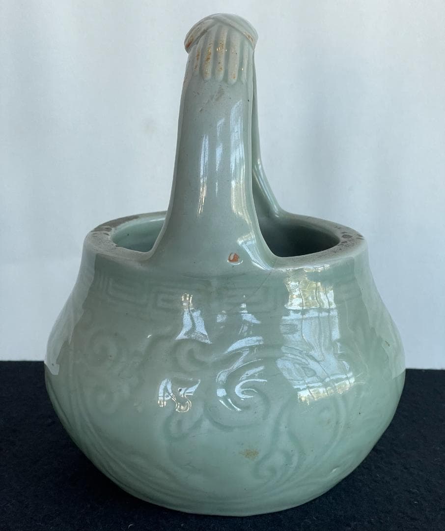 青磁 手付 手炙 手あぶり 火鉢 灰被 灰かぶり 茶道具 花文 古陶 中国 花器