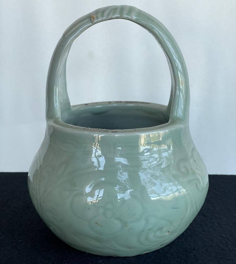 青磁 手付 手炙 手あぶり 火鉢 灰被 灰かぶり 茶道具 花文 古陶 中国 花器