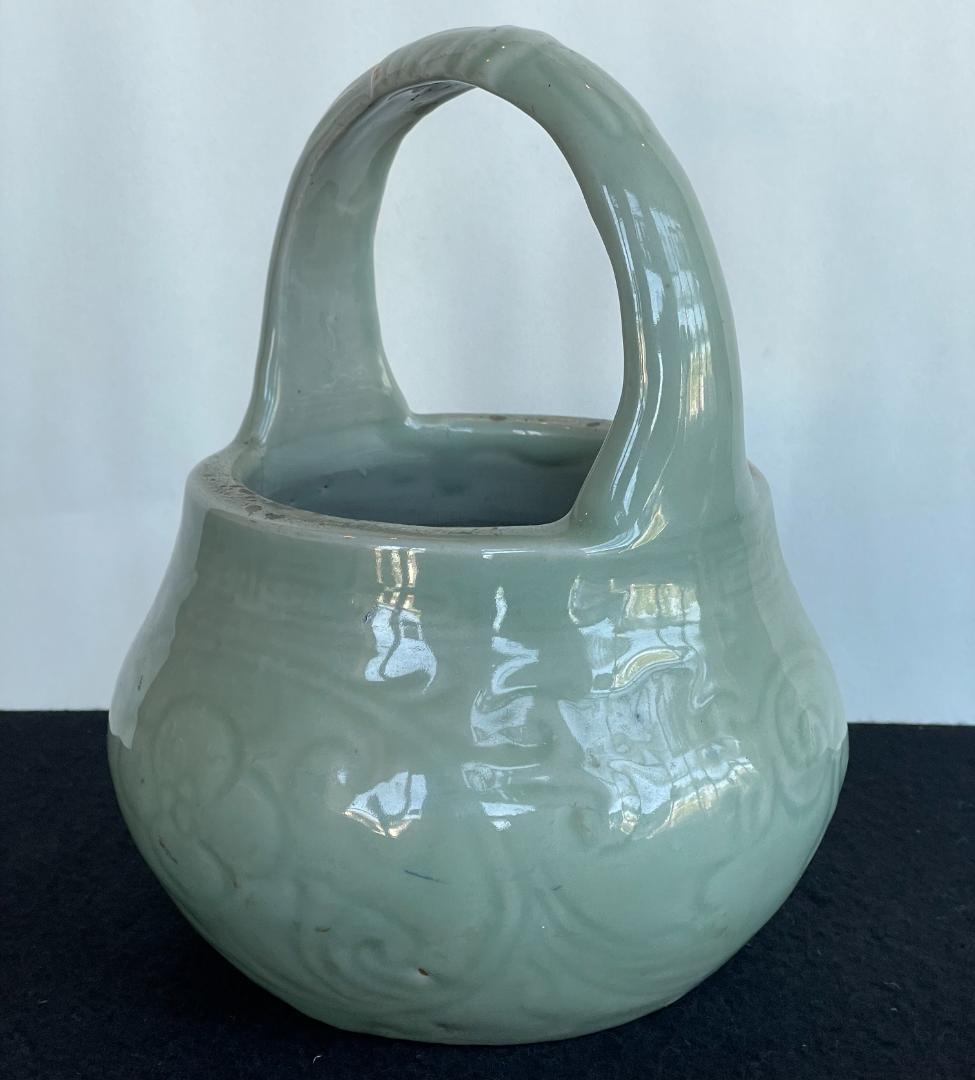 青磁 手付 手炙 手あぶり 火鉢 灰被 灰かぶり 茶道具 花文 古陶 中国 花器
