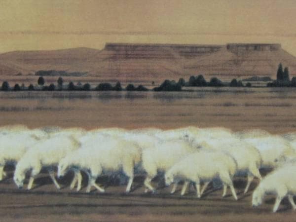 平山郁夫、『羊群帰牧図』、希少画集画、木製新品額・額装付、版上サイン入り