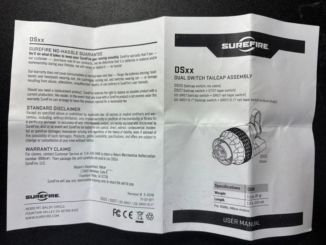 実物　シュアファイア　SureFire DS00ダブルスイッチテールキャップ