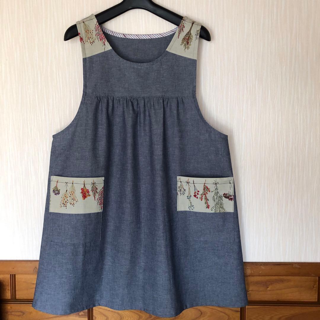 ゆん　エプロン　ハンドメイド　保育士　スワッグ柄　綿麻