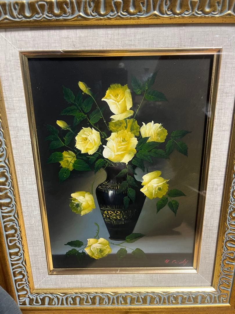 油彩画 H.Casely 黄色い薔薇 静物画 肉筆 油絵 花の絵 インテリア