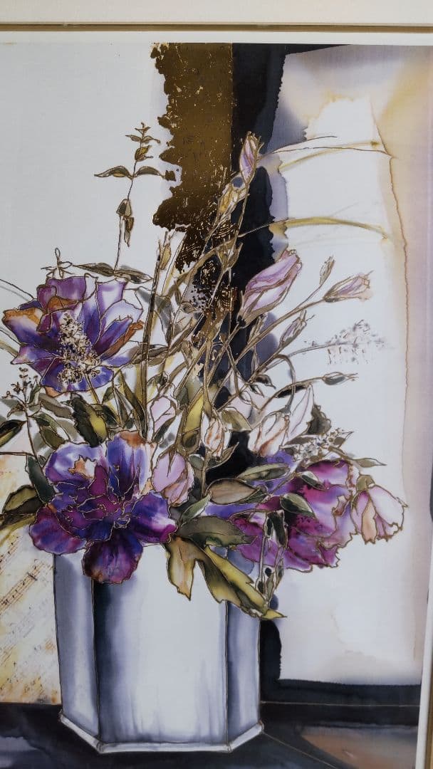 花瓶の花 水彩画 金色フレーム