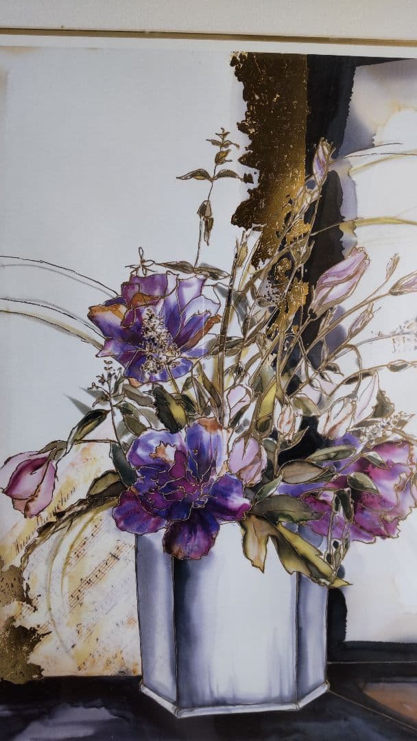 花瓶の花 水彩画 金色フレーム