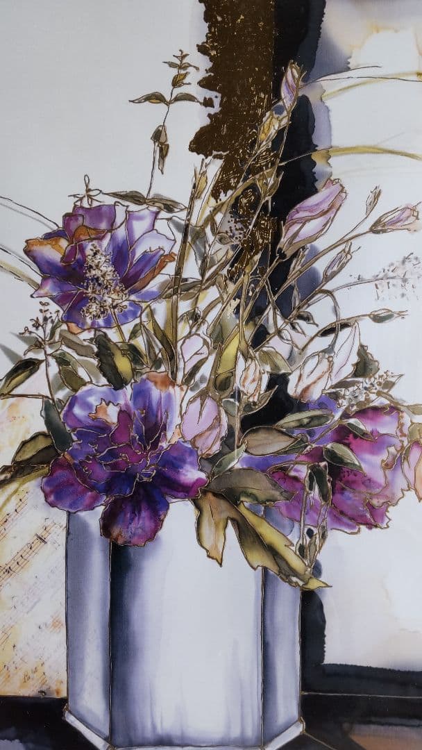 花瓶の花 水彩画 金色フレーム